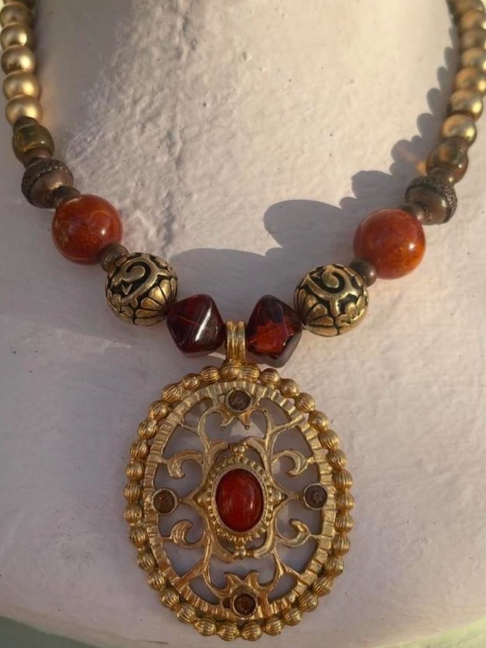 Vintage Gold Brown Orange Boho Statement  Beaded Pendant Necklace  Women Jewelry